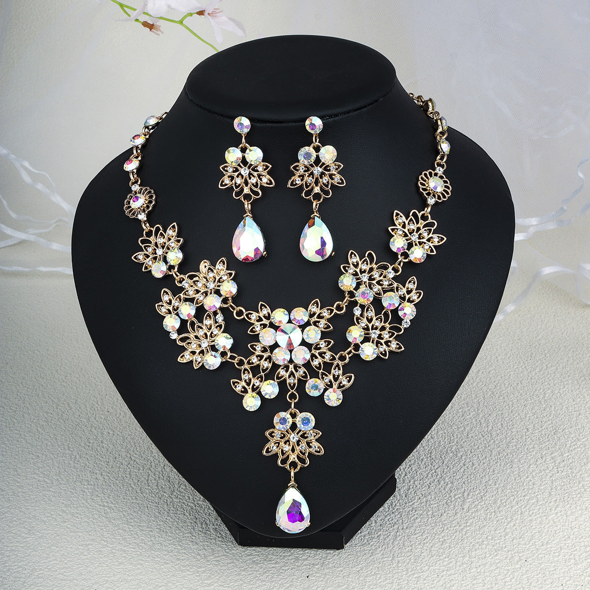 Rhinestone Pearl Earrings And Necklace Set Women